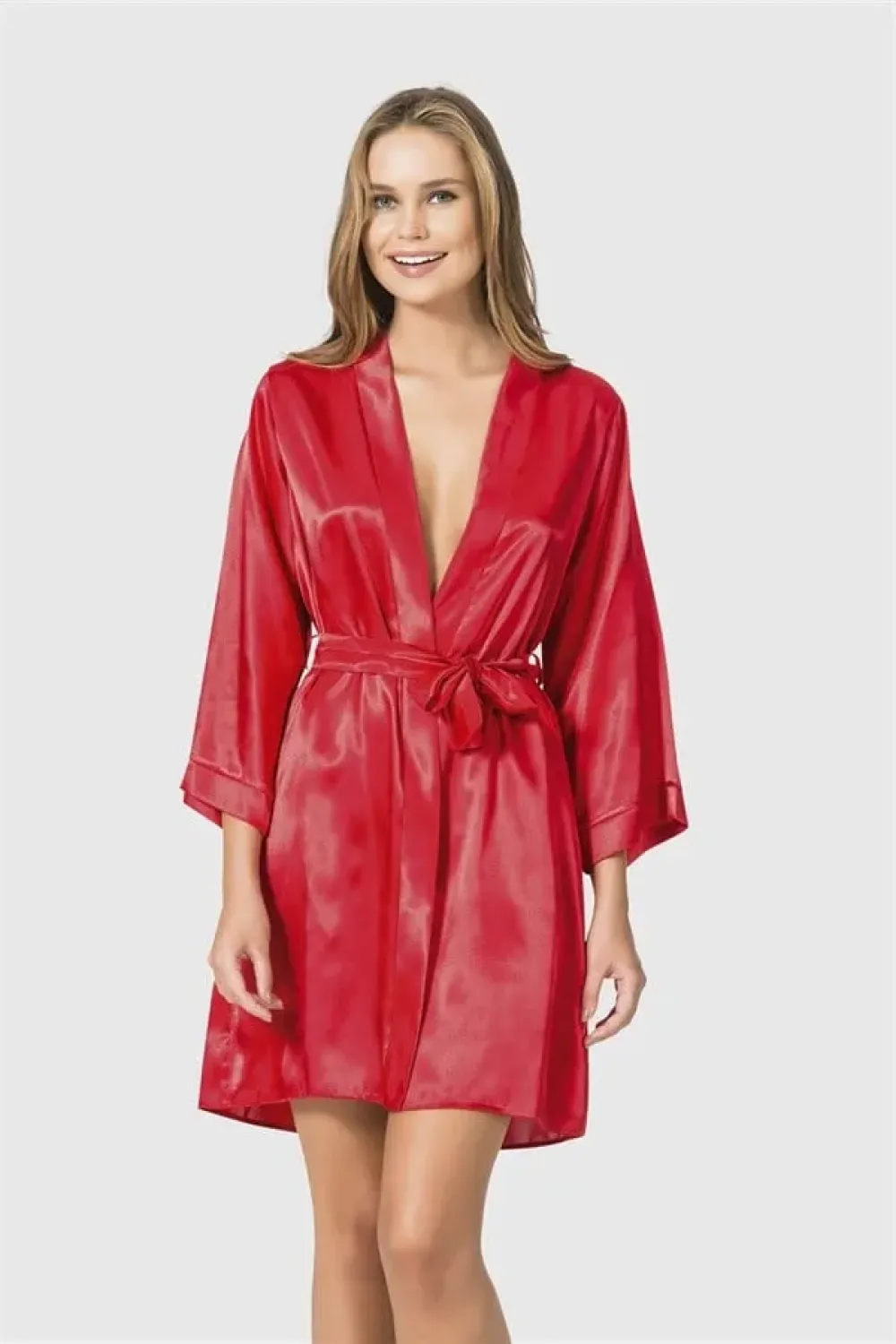 Kırmızı Saten Kimono Kollu Kuşaklı Kadın Kısa Sabahlık 