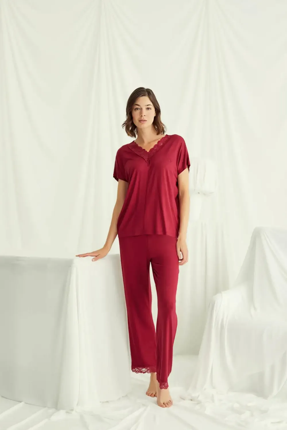 Kısa Kollu V Yakalı Dantelli Kırmızı Pijama Takımı