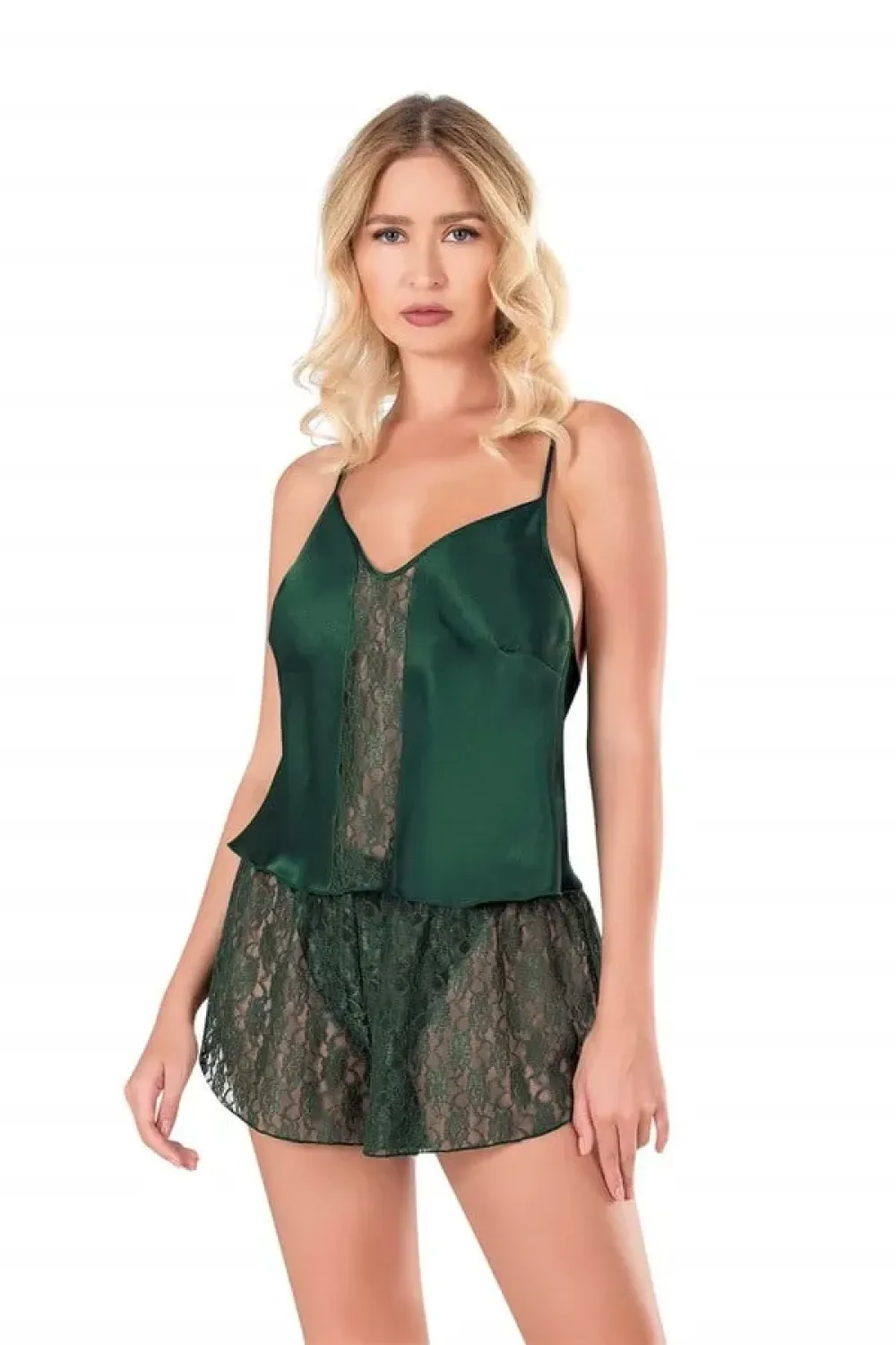 Koyu Yeşil Saten Dantel Detaylı Kadın İp Askılı Şortlu Pijama Takımı