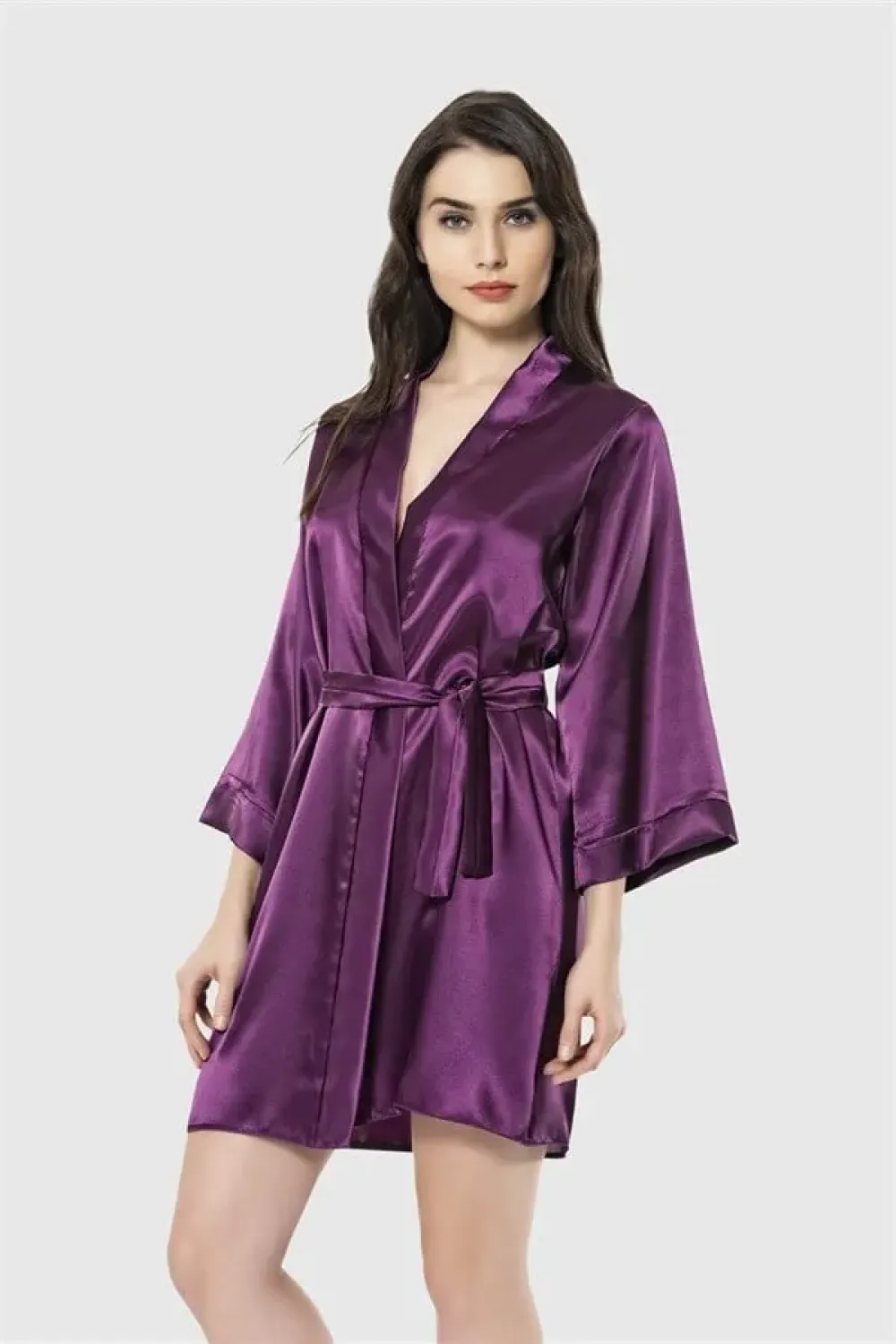 Mor Saten Kimono Kollu Kuşaklı Kadın Kısa Sabahlık 