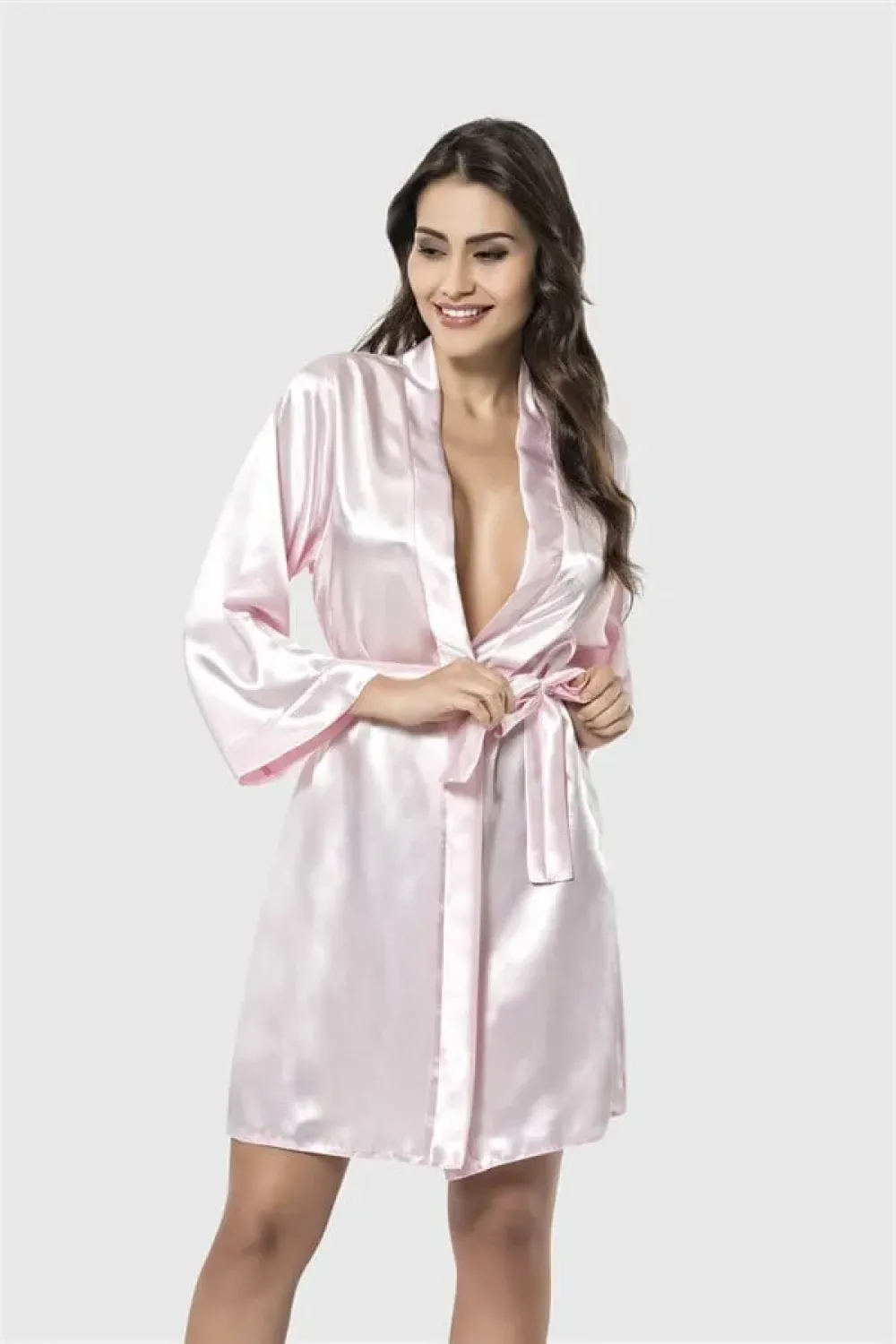 Pembe Saten Kimono Kollu Kuşaklı Kadın Kısa Sabahlık 
