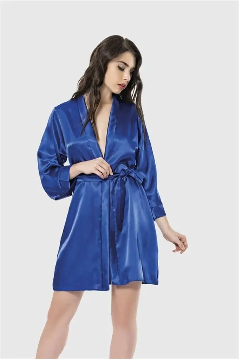 Saks Mavisi Saten Kimono Kollu Kuşaklı Kadın Kısa Sabahlık 