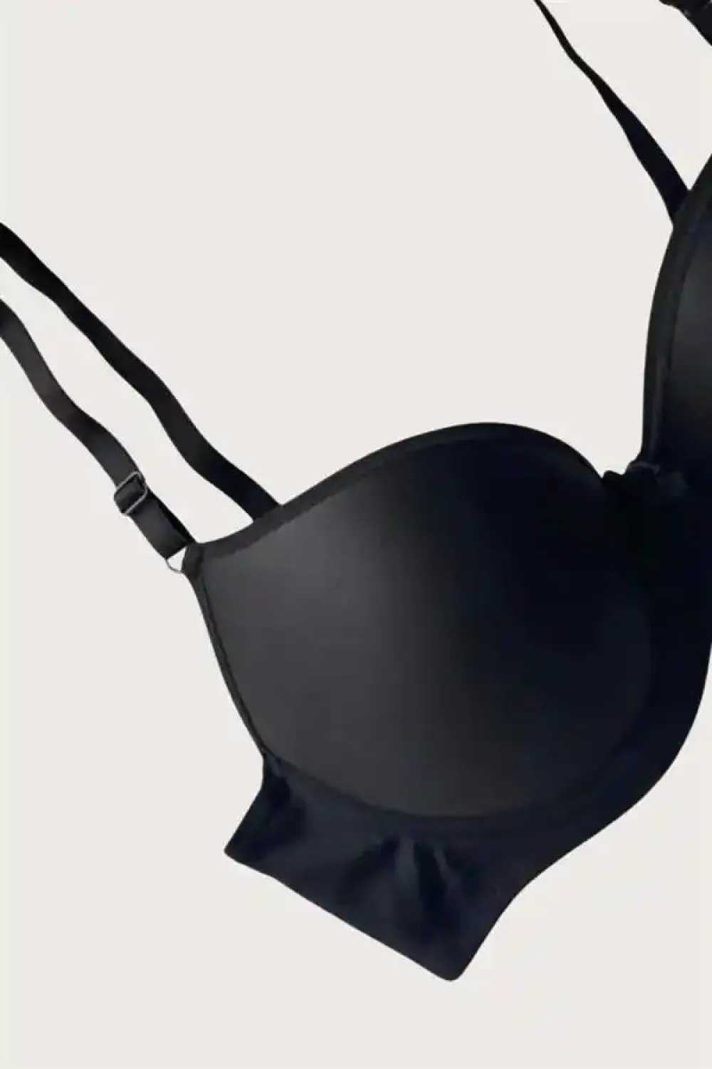 Siyah Mikro Kumaş Push Up Dolgulu Balenli Askılı Günlük Sütyen