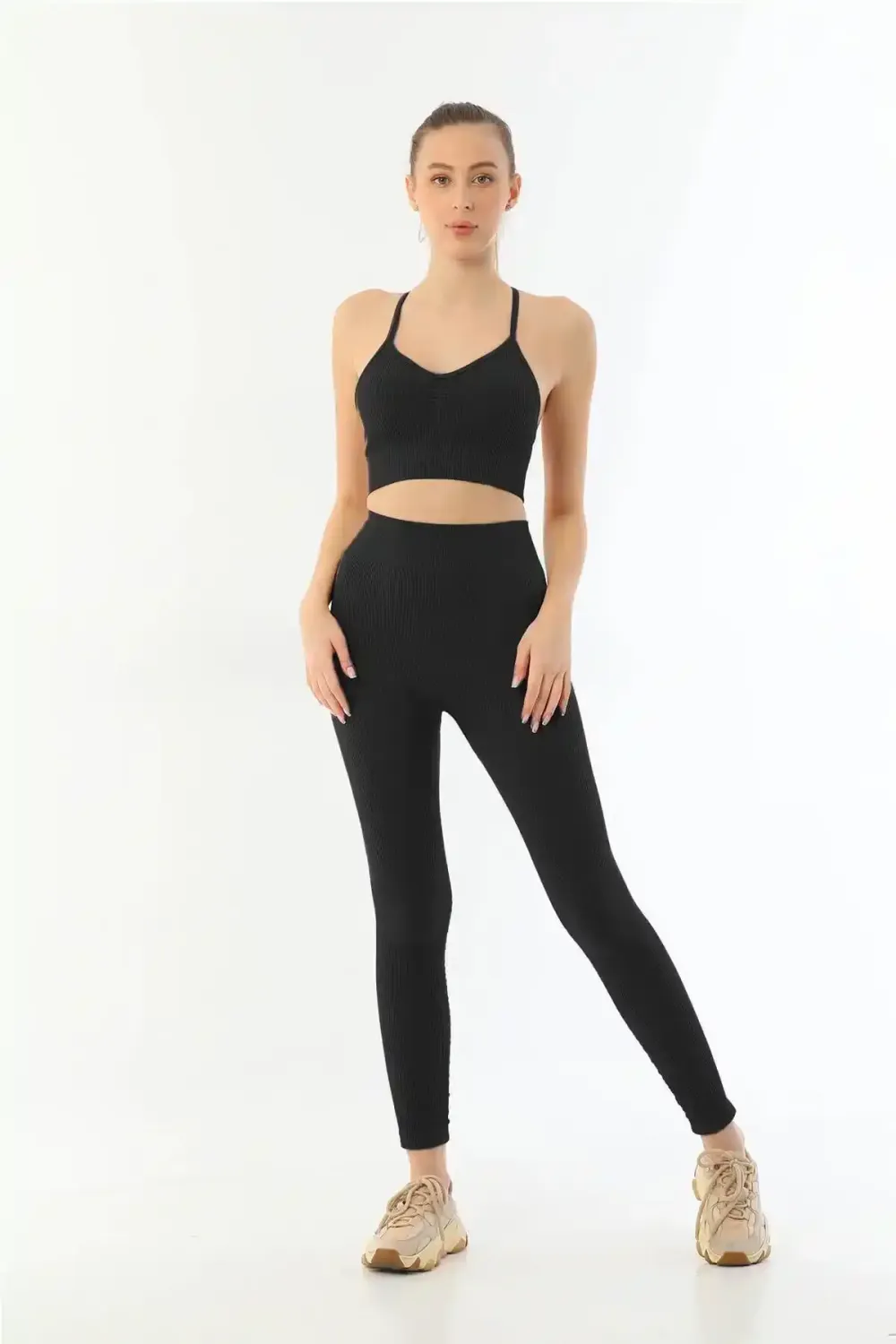 Siyah Soft Seamless Ripli Tayt Yoga Takımı