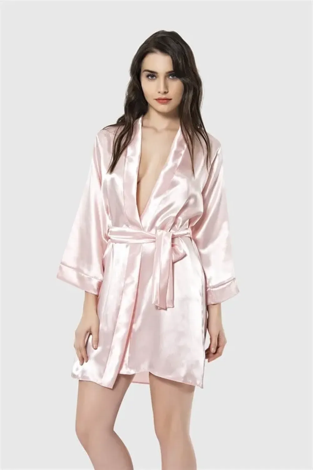 Somon Saten Kimono Kollu Kuşaklı Kadın Kısa Sabahlık