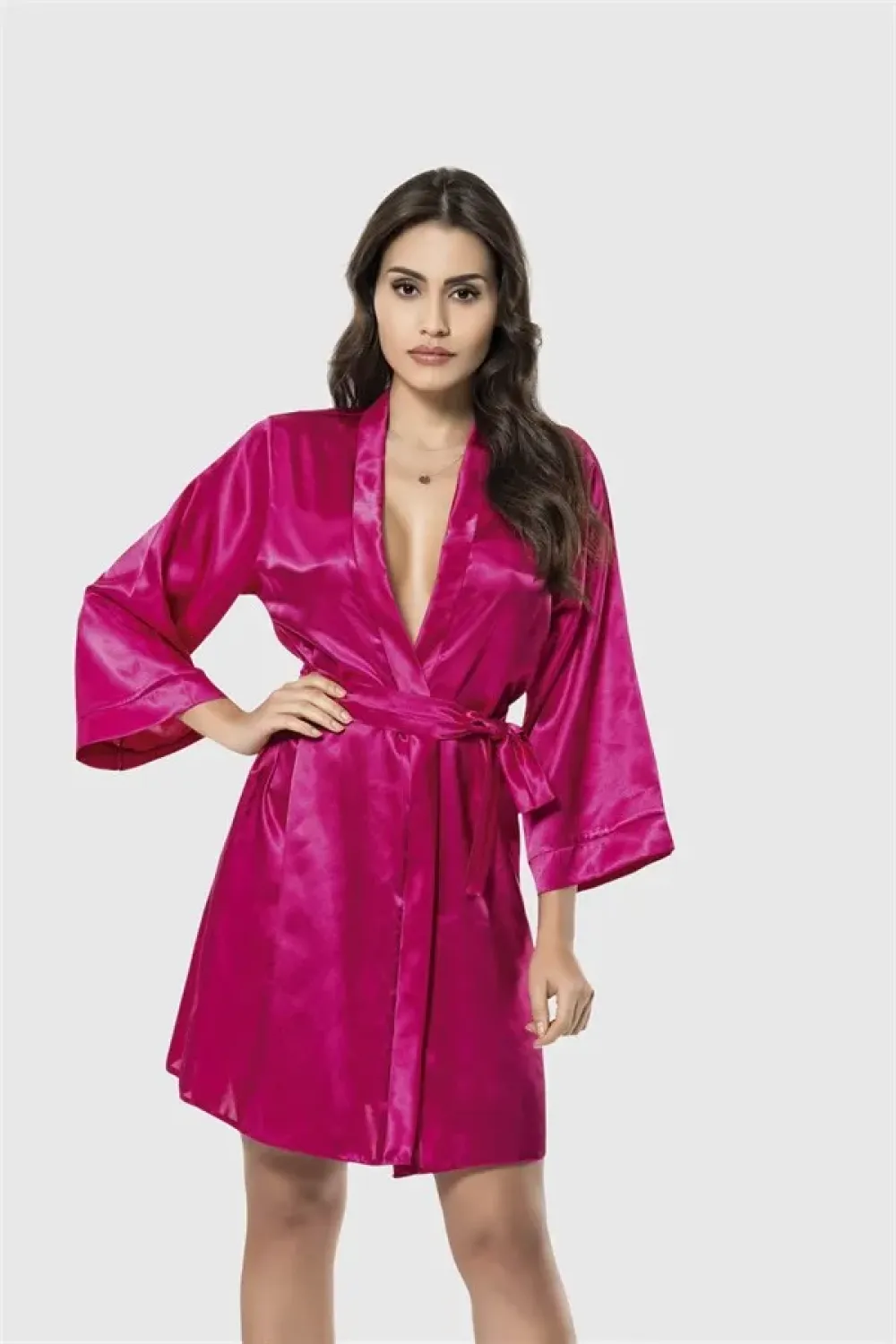 Vişne Saten Kimono Kollu Kuşaklı Kadın Kısa Sabahlık