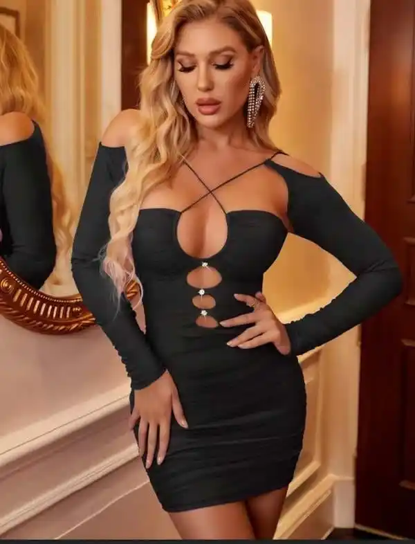 Siyah İnce Askılı İp Detaylı Göğüs Dekolteli Kadın Mini Club Elbise