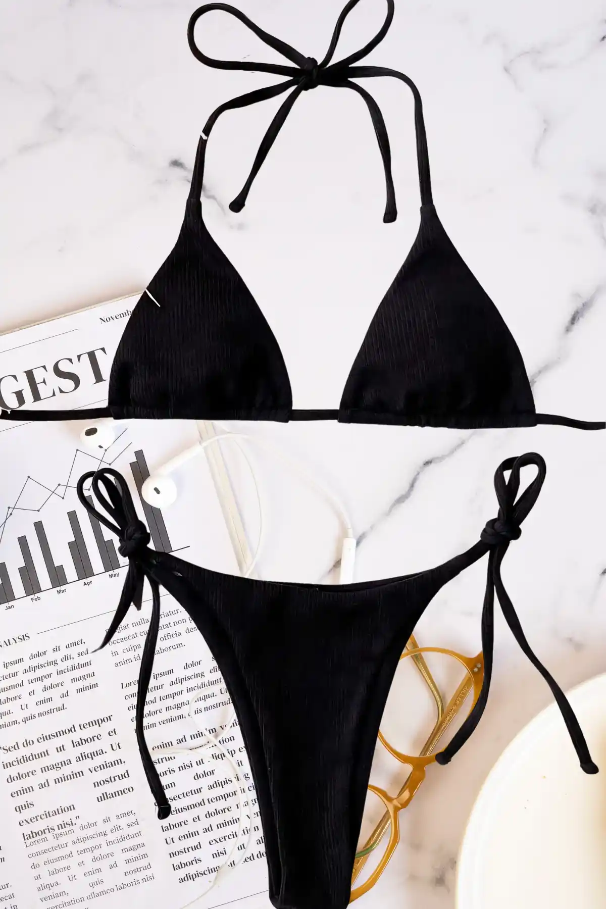 Siyah İp Bağlamalı Üçgen Bikini Takım 