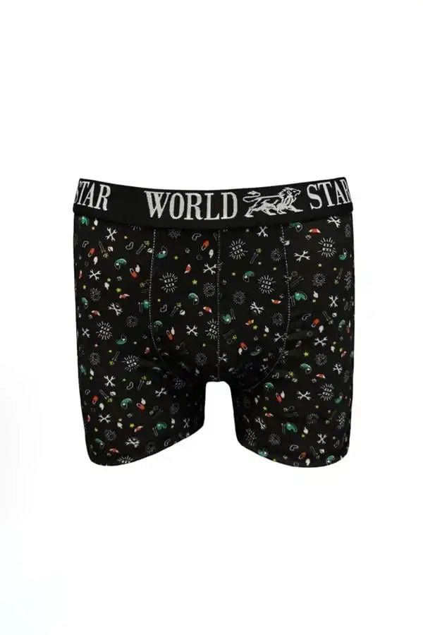 Siyah Likralı Pamuklu Desenli Erkek Boxer