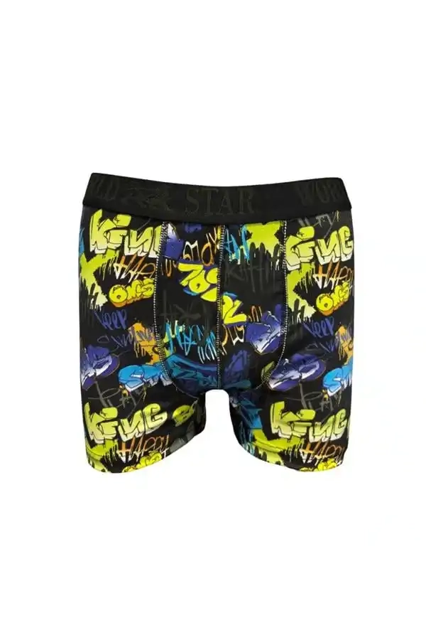 Siyah Likralı Pamuklu Graffiti Desenli Erkek Boxer