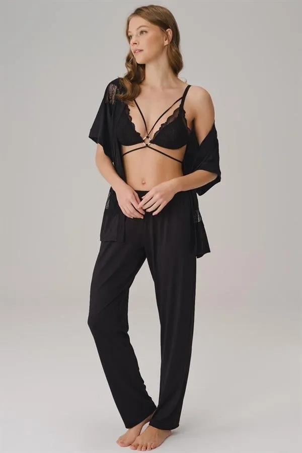 Siyah Viskon İp Askılı V Yakalı Dantel Detaylı Kadın Sabahlıklı Pijama Takımı