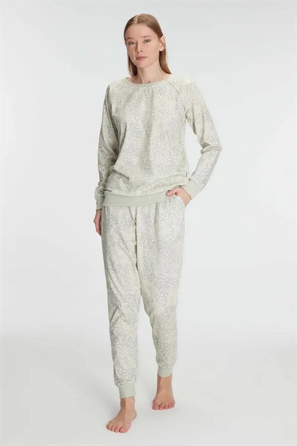 Açık Gri Pamuklu Uzun Kollu Desenli Kadın Pijama Takımı
