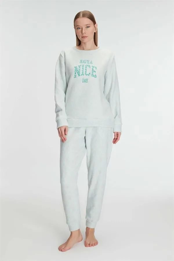 Açık Mint Polar Uzun Kollu Baskılı Kadın Pijama Takımı