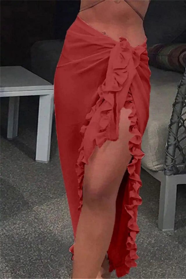 Yanları Fırfırlı Uzun Kırmızı Plaj Pareosu