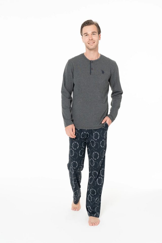 Antrasit Melanj Pamuklu Erkek Uzun Kollu Düğmeli Yaka Desenli Pijama Takımı U.S. Polo Assn.