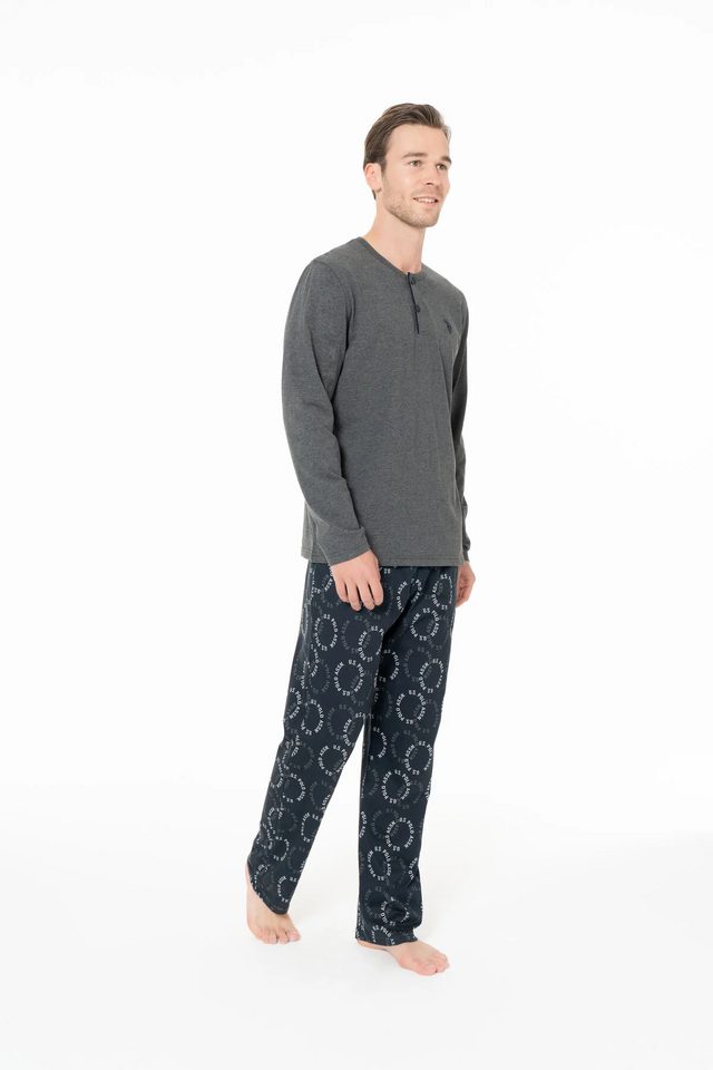 Antrasit Melanj Pamuklu Erkek Uzun Kollu Düğmeli Yaka Desenli Pijama Takımı U.S. Polo Assn.