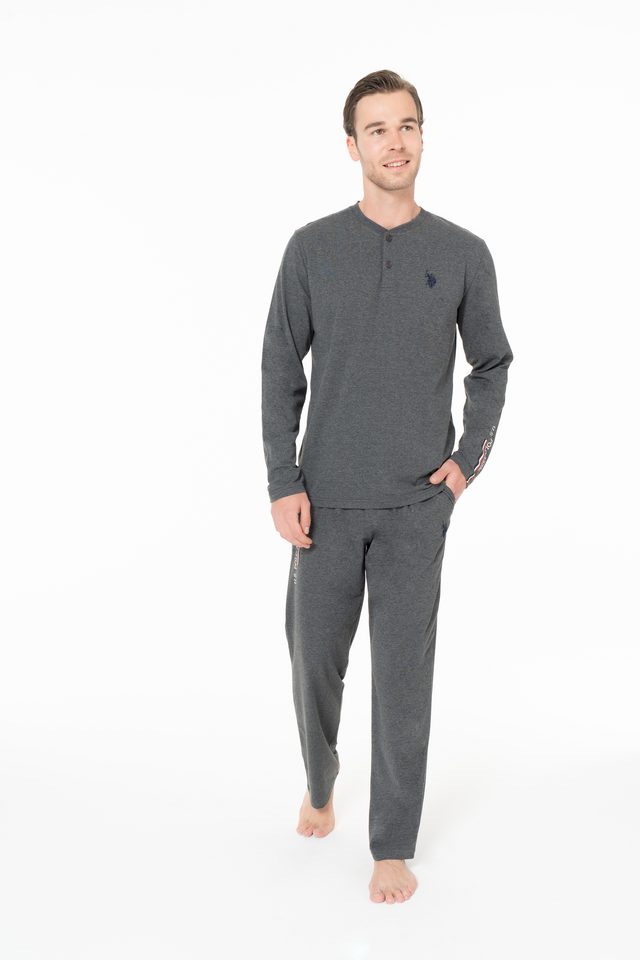 Antrasit Melanj Pamuklu Erkek Uzun Kollu Düğmeli Yaka Pijama Takımı U.S. Polo Assn. 