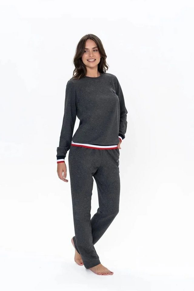 Antrasit Melanj Pamuklu Kadın Uzun Kollu Yuvarlak Yaka Şerit Detaylı Pijama Takımı U.S. Polo Assn.