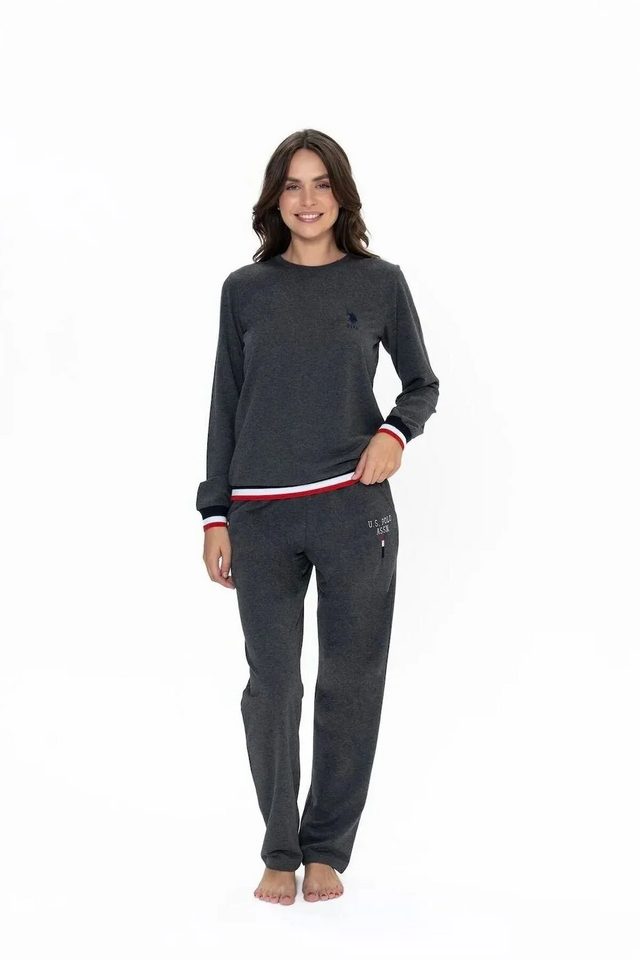 Antrasit Melanj Pamuklu Kadın Uzun Kollu Yuvarlak Yaka Şerit Detaylı Pijama Takımı U.S. Polo Assn.
