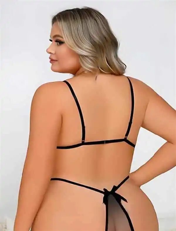Arias Closet Büyük Beden Siyah Dantel İşlemeli Dekolteli Fantezi Babydoll