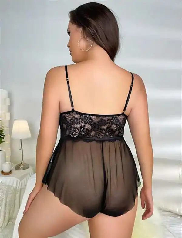 Arias Closet Büyük Beden Siyah Dantel İşlemeli Fırfırlı Fantezi Babydoll