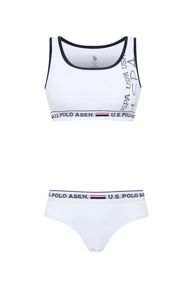 Beyaz Pamuklu Likralı Kadın Kalın Askılı Spor Büstiyer Şort Takım U.S. Polo Assn.