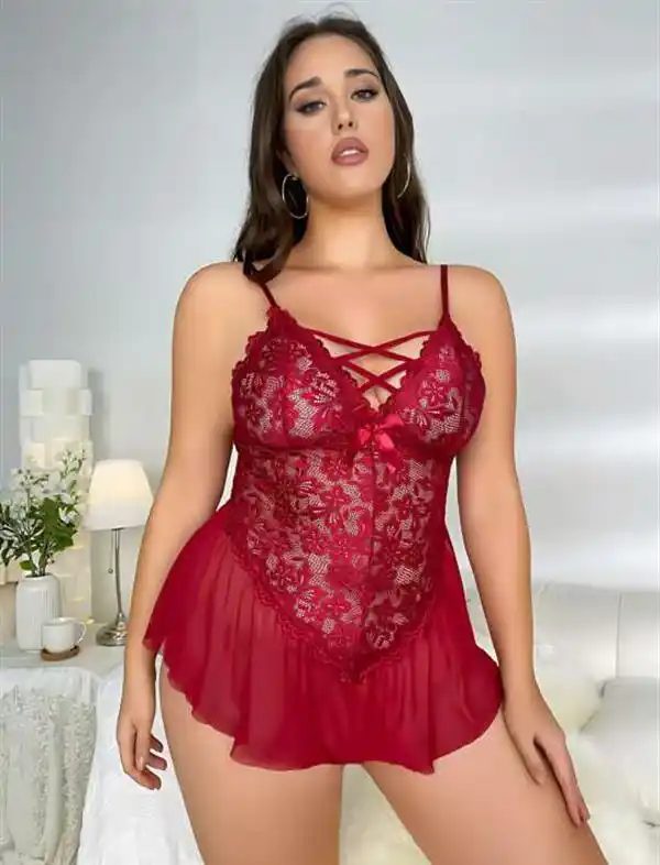 Bordo Dantel Tül Göğüs İp Detaylı Fırfır Etekli Kadın Fantezi Babydoll