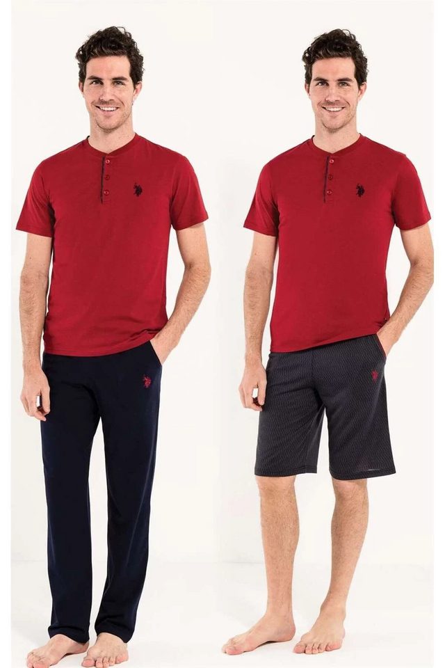 Bordo Pamuklu Düğmeli Yaka Kısa Kollu Erkek 3'lü Pijama Takımı U.S. Polo Assn.