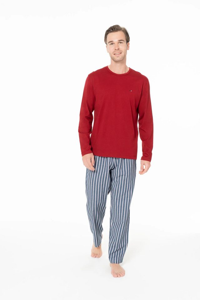 Bordo Pamuklu Erkek Uzun Kollu Bisiklet Yaka Çizgili Pijama Takımı U.S. Polo Assn.