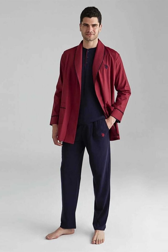 Bordo Pamuklu Şal Yaka Sabahlık Düğmeli Yaka Uzun Kollu Erkek Pijama Seti U.S. Polo Assn.