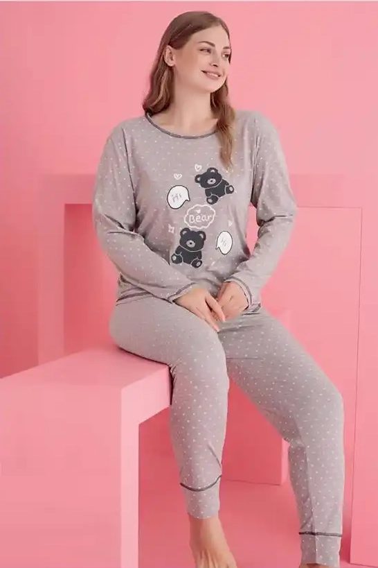 Büyük Beden Pamuklu Gri Puantiyeli Hi Bear Ayıcık Desenli Pijama Takımı
