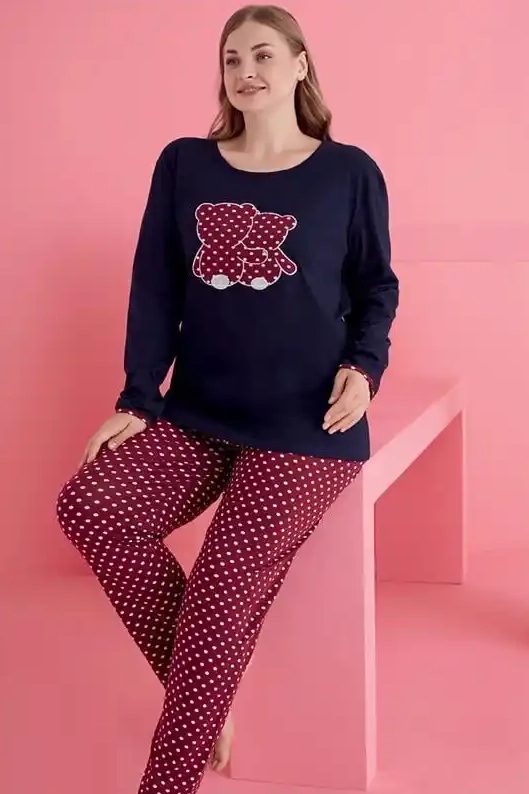 Büyük Beden Pamuklu Uzun Kollu Ayıcık Desenli Pijama Takımı