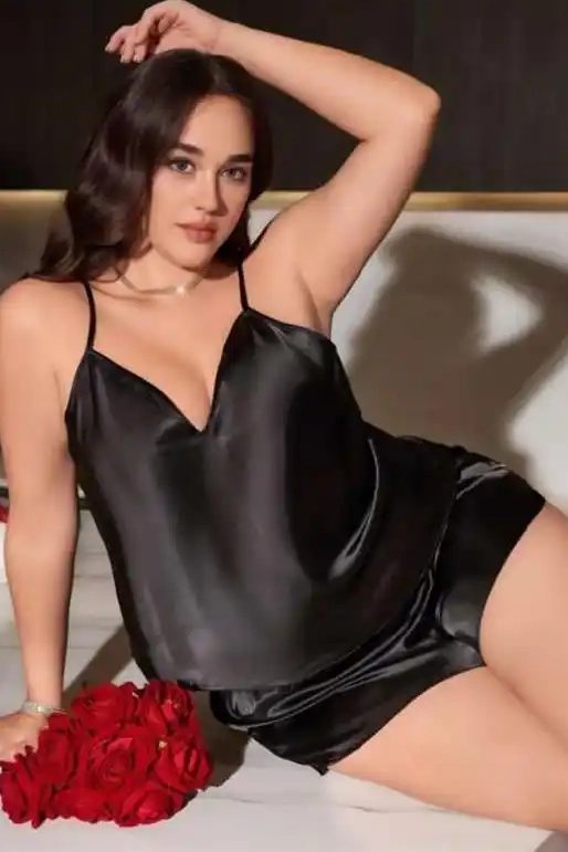 Büyük Beden Siyah Saten Fantezi Şortlu Takım