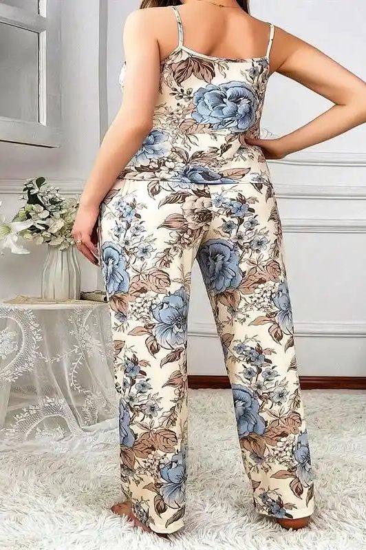Ekru Saten İp Askılı Mavi Çiçek Desenli Kadın 2 li Pijama Takımı