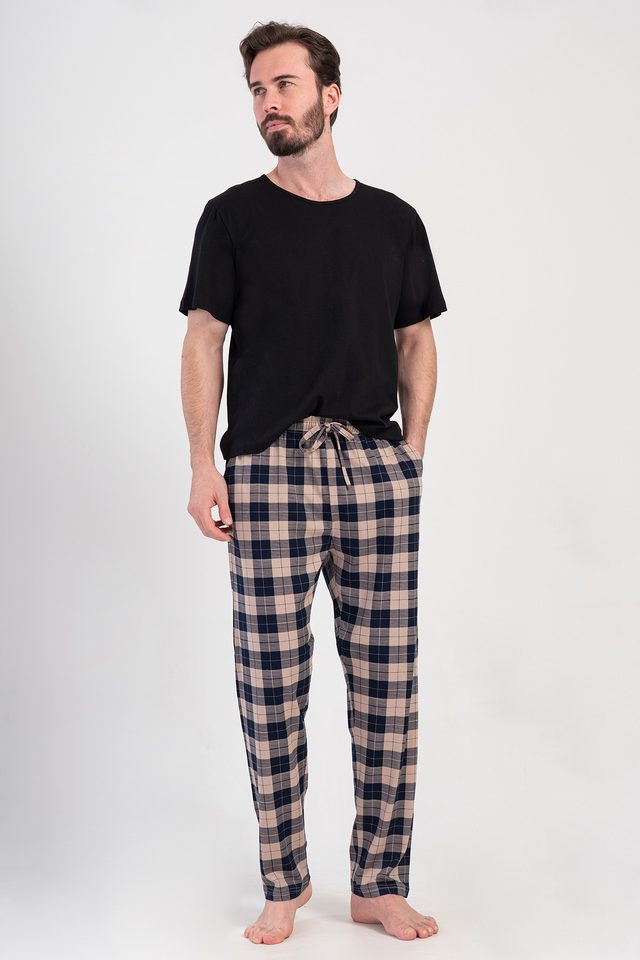 Erkek Büyük Beden Bej Ekoseli Suprem Tek Cepli Pijama Altı