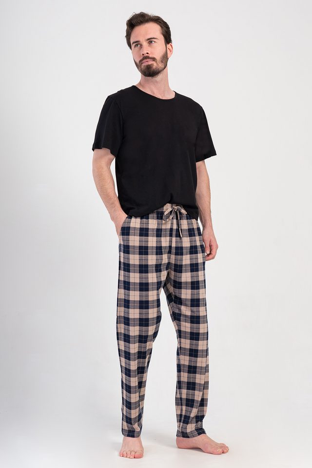 Erkek Büyük Beden Bej Ekoseli Suprem Tek Cepli Pijama Altı