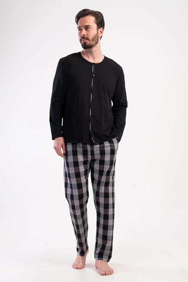 Erkek Büyük Beden Süprem Siyah Gri Ekoseli Uzun Kollu Düğmeli Pijama Takımı