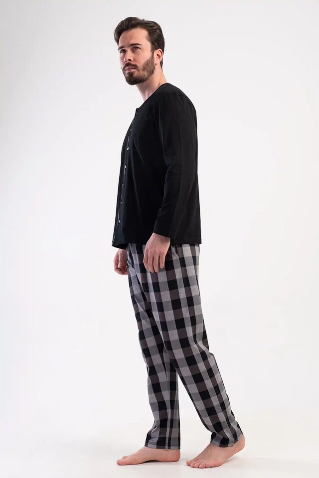Erkek Büyük Beden Süprem Siyah Gri Ekoseli Uzun Kollu Düğmeli Pijama Takımı