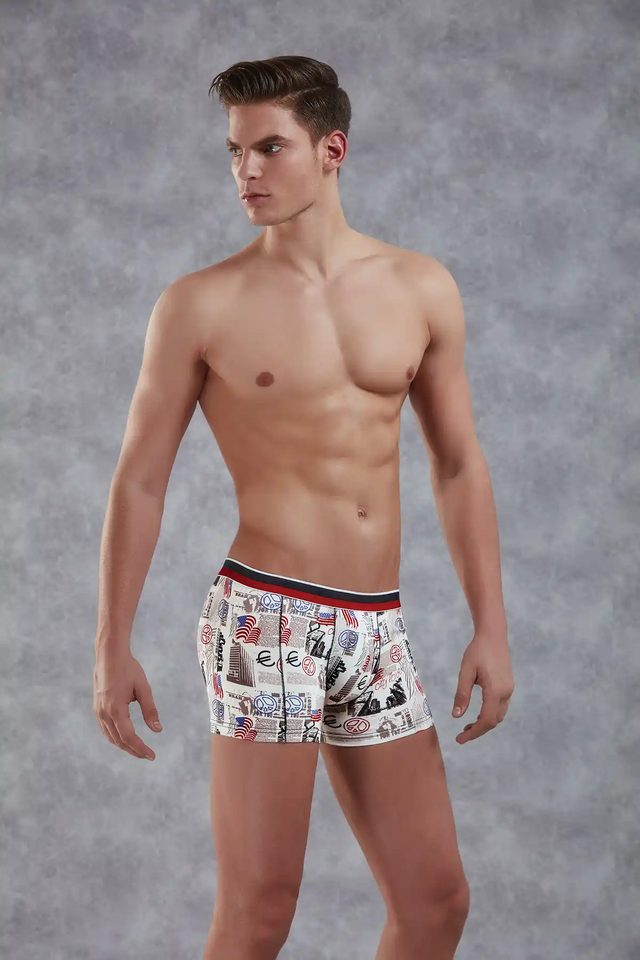 Erkek Ekru Çok Renkli Baskılı Kırmızı-Siyah Lastikli Mikrofiber Boxer