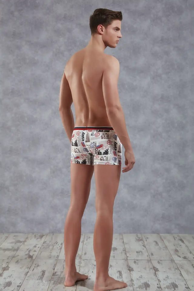 Erkek Ekru Çok Renkli Baskılı Kırmızı-Siyah Lastikli Mikrofiber Boxer