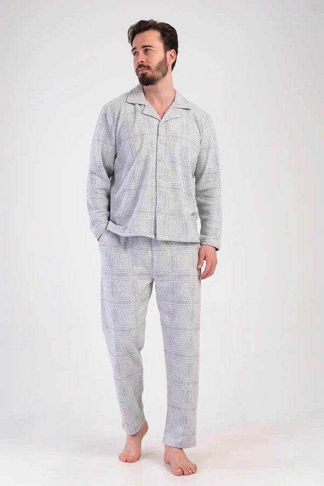 Erkek Jakarlı Açık Gri Gömlek Yaka Düğmeli Uzun Kollu Pijama Takımı