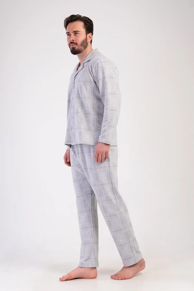 Erkek Jakarlı Açık Gri Gömlek Yaka Düğmeli Uzun Kollu Pijama Takımı