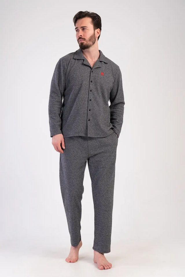 Erkek Jakarlı Gri Gömlek Yaka Düğmeli Uzun Kollu Pijama Takımı