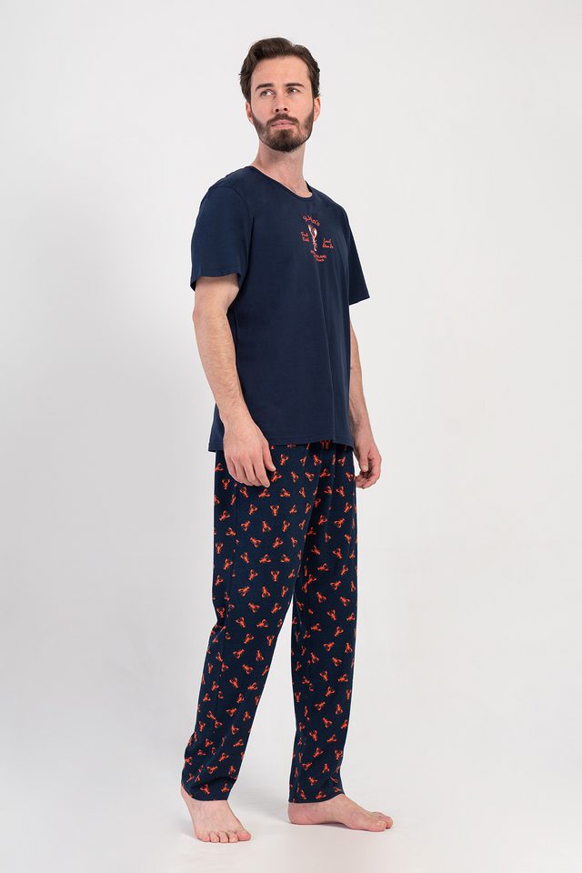 Erkek Lacivert Suprem O Yaka Kısa Kol Cepli Pijama Takım