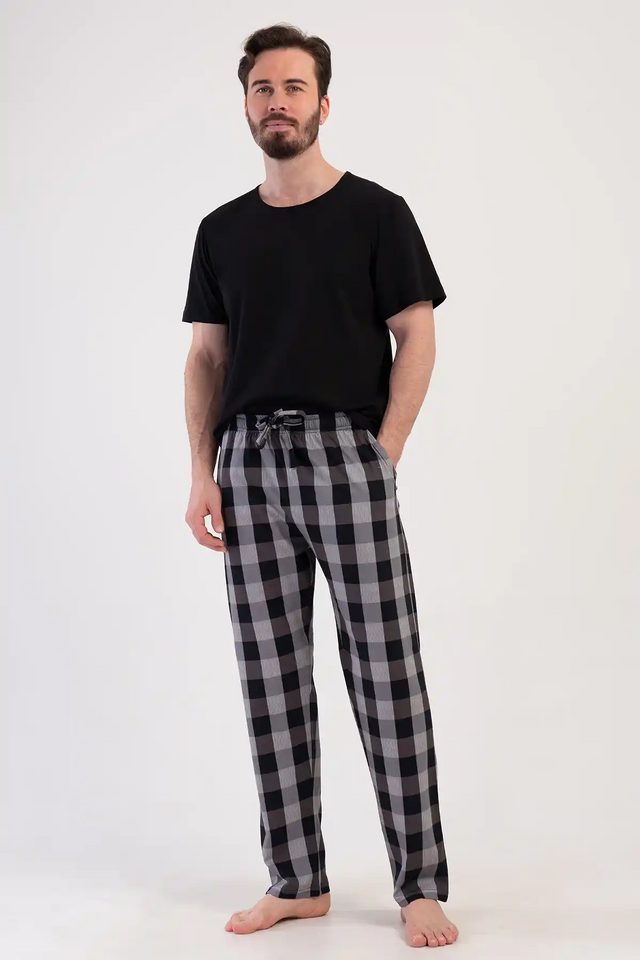 Erkek Süprem Büyük Beden Siyah Kareli Kısa Kollu Pijama Takım