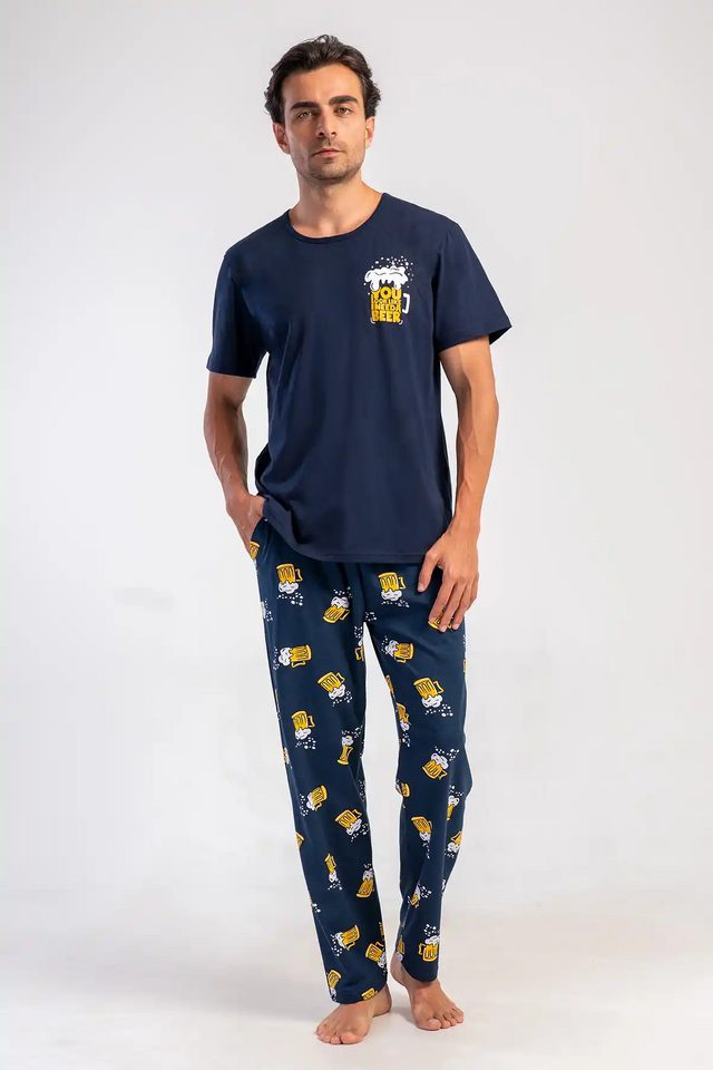Erkek Süprem Lacivert Desenli Kısa Kollu Pijama Takımı 