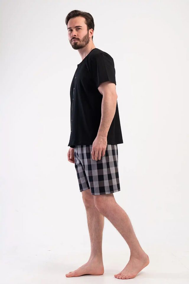 Erkek Süprem Siyah Ekoseli Gömlek Yaka Düğmeli Kısa  Kollu Şortlu  Pijama Takımı