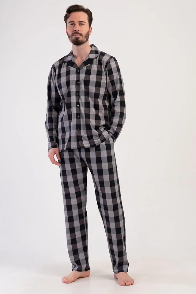 Erkek Süprem Siyah Ekoseli Gömlek Yaka Düğmeli Uzun Kollu Pijama Takımı