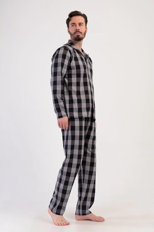 Erkek Süprem Siyah Ekoseli Gömlek Yaka Düğmeli Uzun Kollu Pijama Takımı