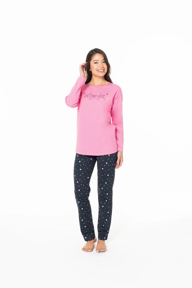 Fuşya Pamuk Kalp Desenli Kadın Uzun Kollu Pijama Takımı U.S. Polo Assn.